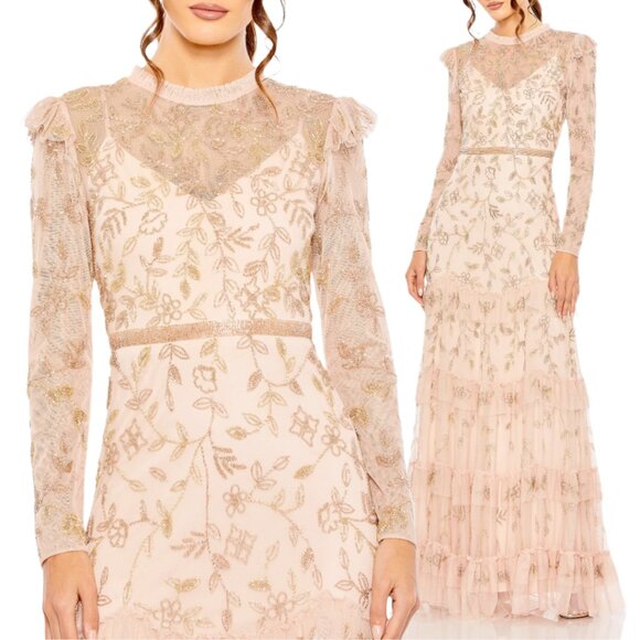Mac Duggal 9237 Womens Size 8 Blush Pink High Neck Long Sleeve Gown Maxi Dress - Picture 1 of 4